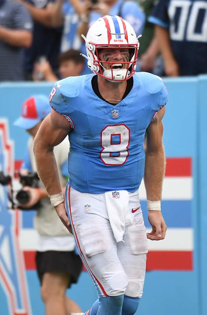 Tennessee Titans quarterback Will Levis (8) celebrates after a touchdown pass during the second half against the Atlanta Falcons at Nissan Stadium.